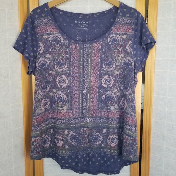 Lucky Brand Short Sleeve T-Shirt Scoop Neck Indigo Boho Print Size Large - Picture 1 of 6